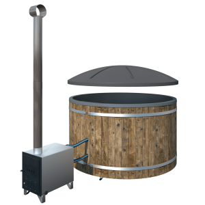 a photorealistic render of the PacRim Log Structures Wood Fired Hot Tub